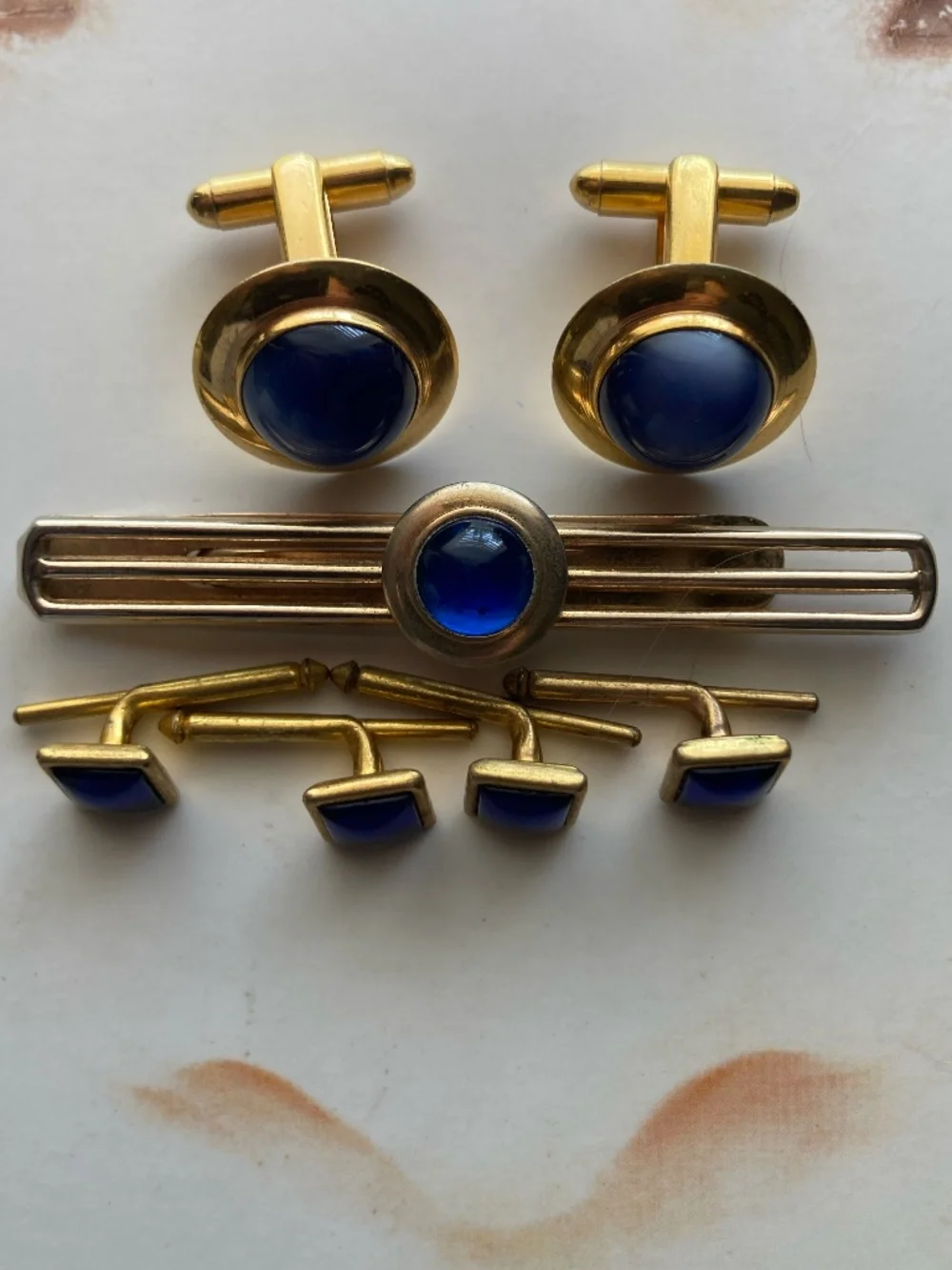 Vintage Gold Tone Cobalt Blue Cabochon Dress Set Cufflinks,4 Shirt Studs Tie Bar